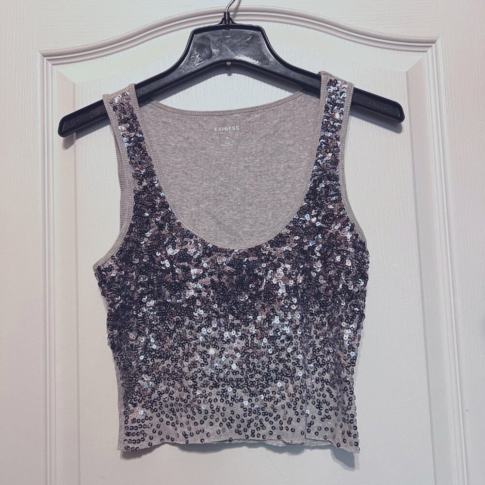 Express Sequin Tank Top-Cropped-Size Small-Gray & Black-Sparkle-Dance-Spring